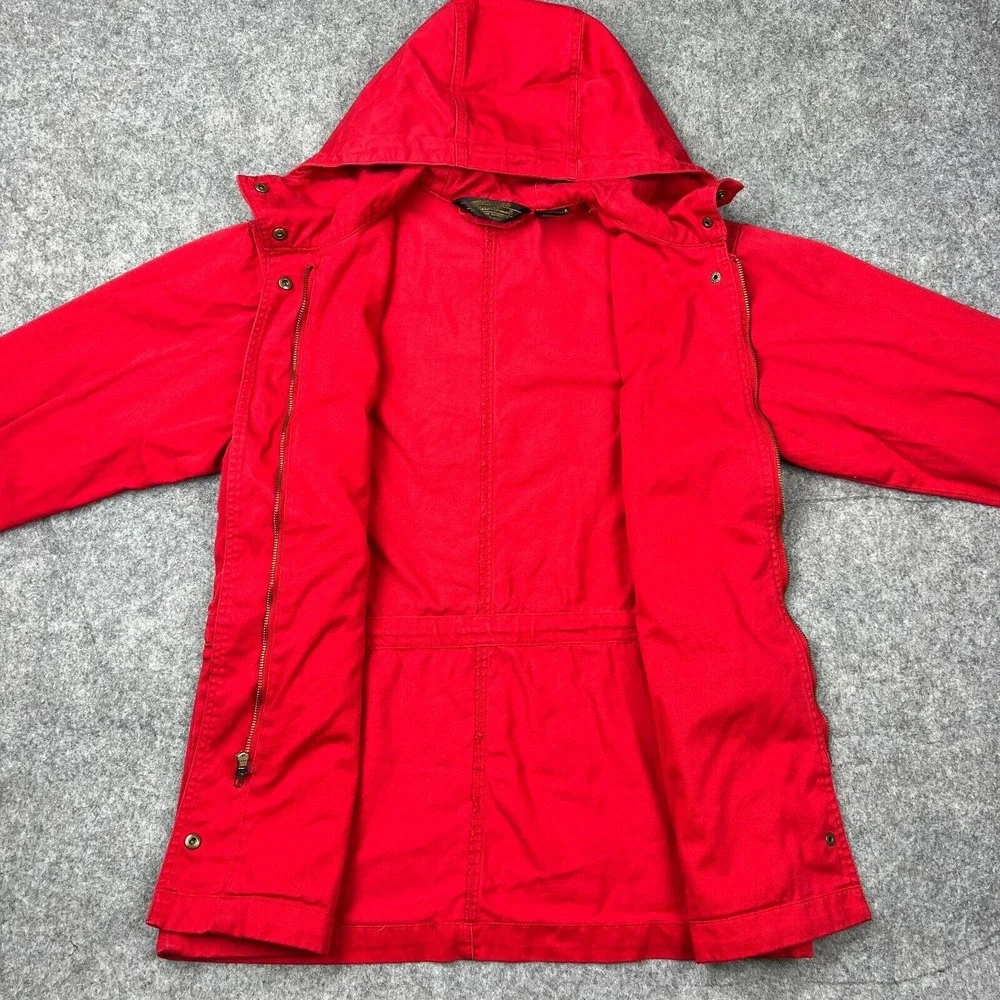 VTG Eddie Bauer Jacket Womens Medium Red Hooded Zip Snap Cotton Outdoors Pockets